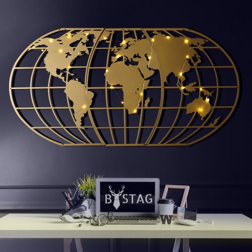 Wallity Metalna zidna dekoracija, World Map Globe Led - Gold slika 4