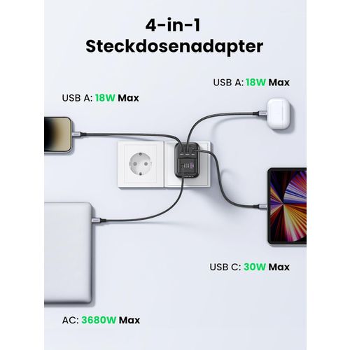 Ugreen Nexode 4u1 USB utičnica 30W s 2xUSB, 1xUSB-C i Quick Charge slika 4