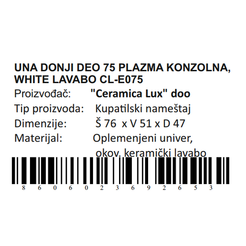 Ceramica lux Una donji deo 75 plazma konzolna, white lavabo CL-E075 300261 slika 3