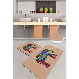 Olifant - Beige Multicolor Bathmat Set (2 Pieces)