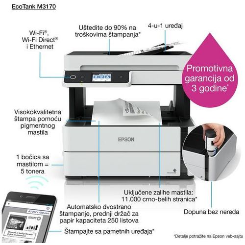 Epson C11CG92403 M3170 EcoTank 4in1 print-scan-copy-fax, Mono, A4, 1200X2400, Wi-Fi, LAN, ADF, LCD, Duplex slika 2