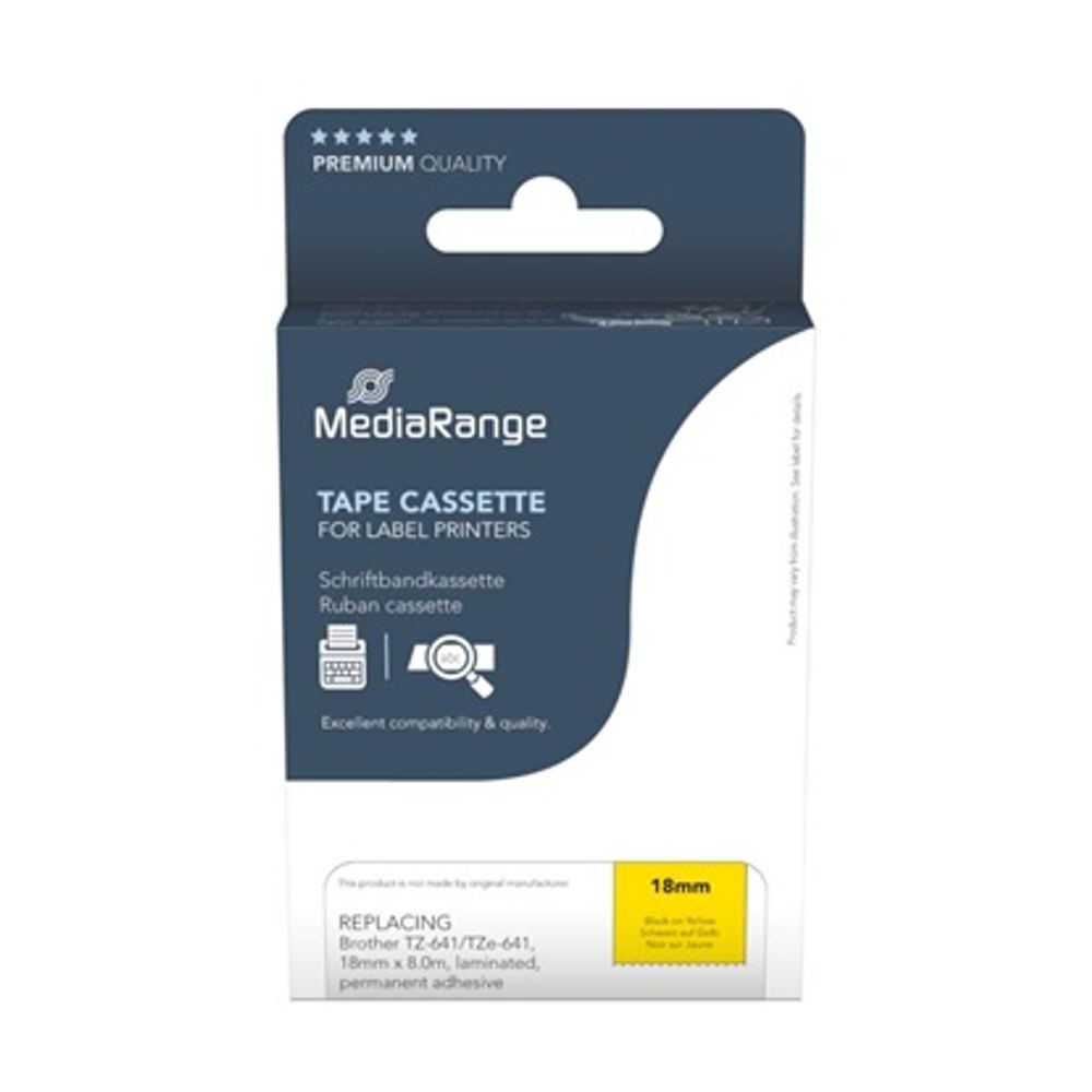 MediaRange Label Tape Cartridge, Replacing Brother TZ-641/TZe-641, 18mm, 8m, Laminated and Permanent Adhesive, Black on Yellow slika 1