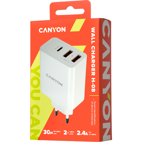 CANYON H-08 Universal 3xUSB AC charger (in wall) with over-voltage protection(1 USB-C with PD Quick Charger), Input 100V-240V, OutputUSB-A/5V-2.4A+USB-C/PD30W, with Smart IC, White Glossy Color+ orange plastic part of USB, 96.8*52.48*28.5mm, 0.092kg slika 4