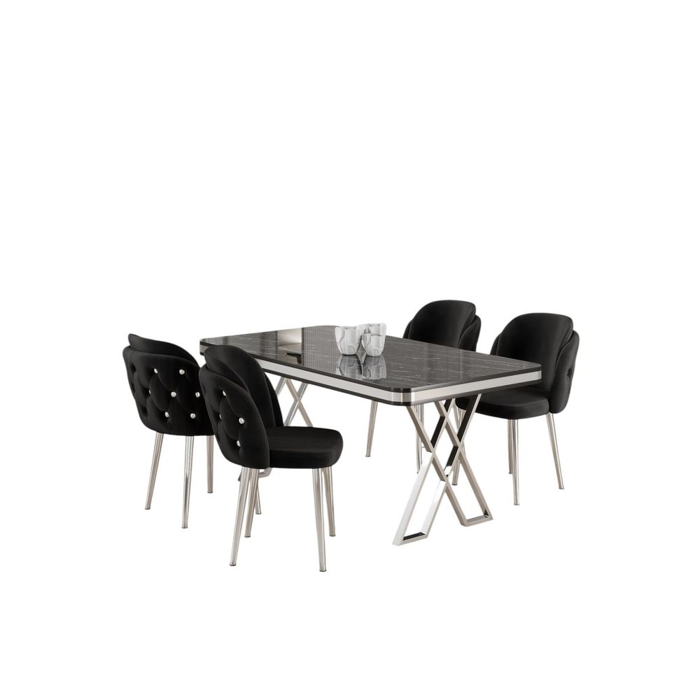 Rigel - Crni Mramorni Sto i Stolice Set (5 Komada) slika 2