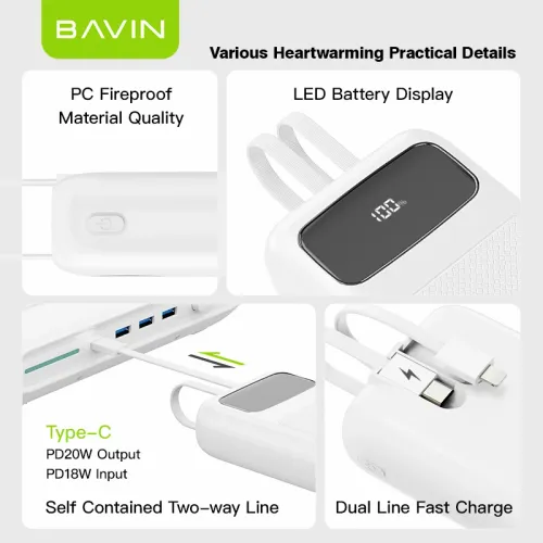 Bavin Power bank 20000mAh 22,5W Type C & Ligtning kabl bela slika 4