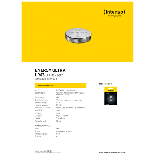 (Intenso) Baterija alkalna LR43/2, 1,5 V dugmasta, blister 2 kom - LR43/2 slika 3