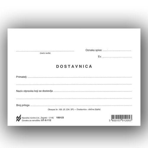 X-112 DOSTAVNICA - OBIČNA BIJELA (Obrazac 100); List, 14,8 x 10,5 cm slika 2