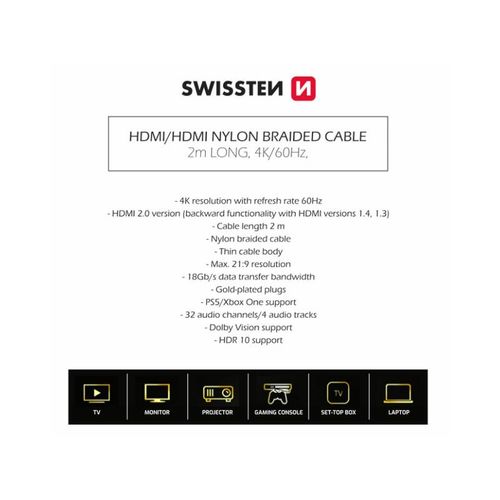 SWISSTEN kabel HDMI 2.0, 60Hz, 18GB/s, 4K, do 21:9, 2m, pozlaćeni konek, crni slika 4