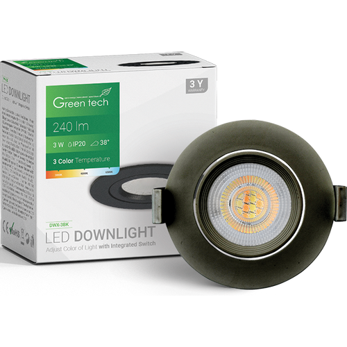 LED downlight Green Tech 240 lm, 3W, 3CCT, 3000K-4000-6500K, crni slika 3