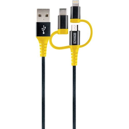 Schwaiger USB kabel USB 2.0 USB-A utikač, USB-C® utikač, Apple Lightning utikač, USB-Micro-B utikač 1.20 m crna, žuta odporan na paranje WKUU310 511 slika 1