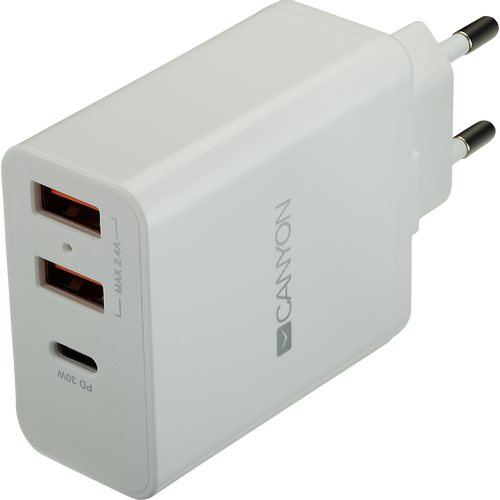 CANYON H-08 Universal 3xUSB AC charger (in wall) with over-voltage protection(1 USB-C with PD Quick Charger), Input 100V-240V, OutputUSB-A/5V-2.4A+USB-C/PD30W, with Smart IC, White Glossy Color+ orange plastic part of USB, 96.8*52.48*28.5mm, 0.092kg slika 1