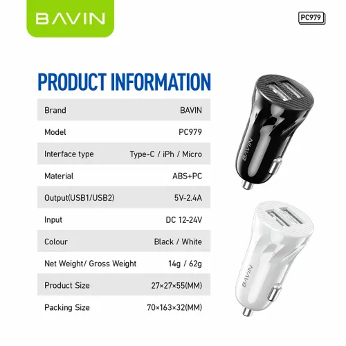 Bavin Auto punjač 2xUSB + kabl Type-C crna slika 8