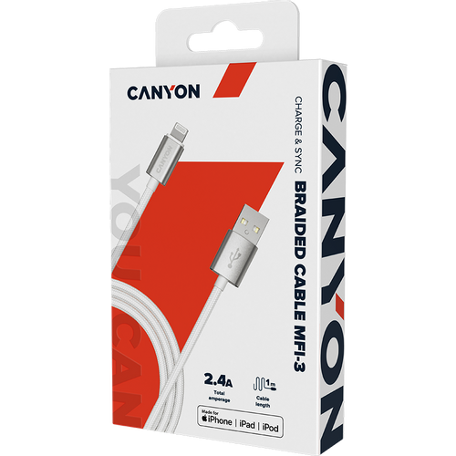 CANYON MFI-3 Charge &amp; Sync MFI braided cable with metalic shell, USB to lightning, certified by Apple, cable length 1m, OD2.8mm, Pearl White slika 5