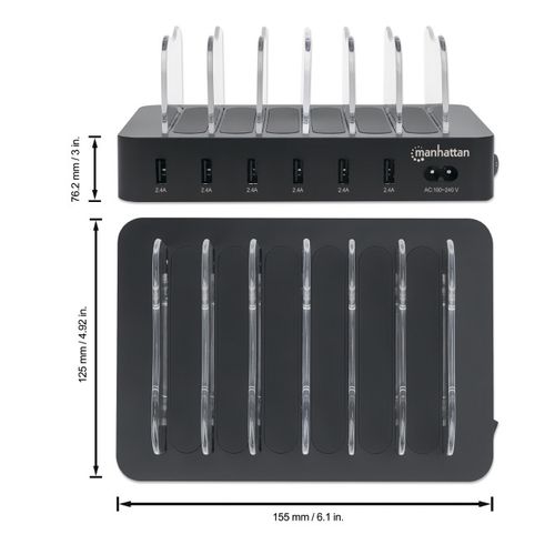 USB punjač 6-port Manhattan 102254 5V/2.4V/50W/držač za telefon Crni slika 4