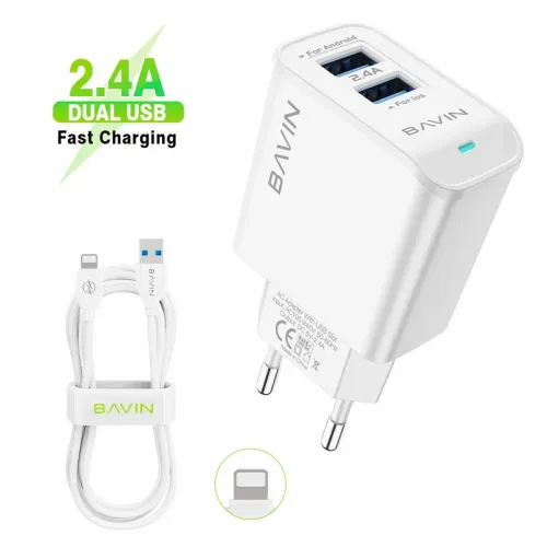 BAVIN punjač 2xUSB 2,4A +kabl Lightning 1,0m bela slika 1