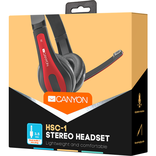 CANYON HSC-1 basic PC headset with microphone, combined 3.5mm plug, leather pads, Flat cable length 2.0m, 160*60*160mm, 0.13kg, Black-red slika 6