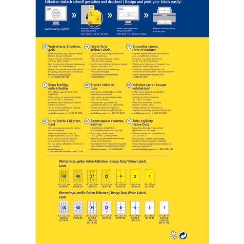 Avery Zweckform L6105-20 iznimno otporne naljepnice A4 63,5x29,6mm 20 listova 540 naljepnica žute slika 3