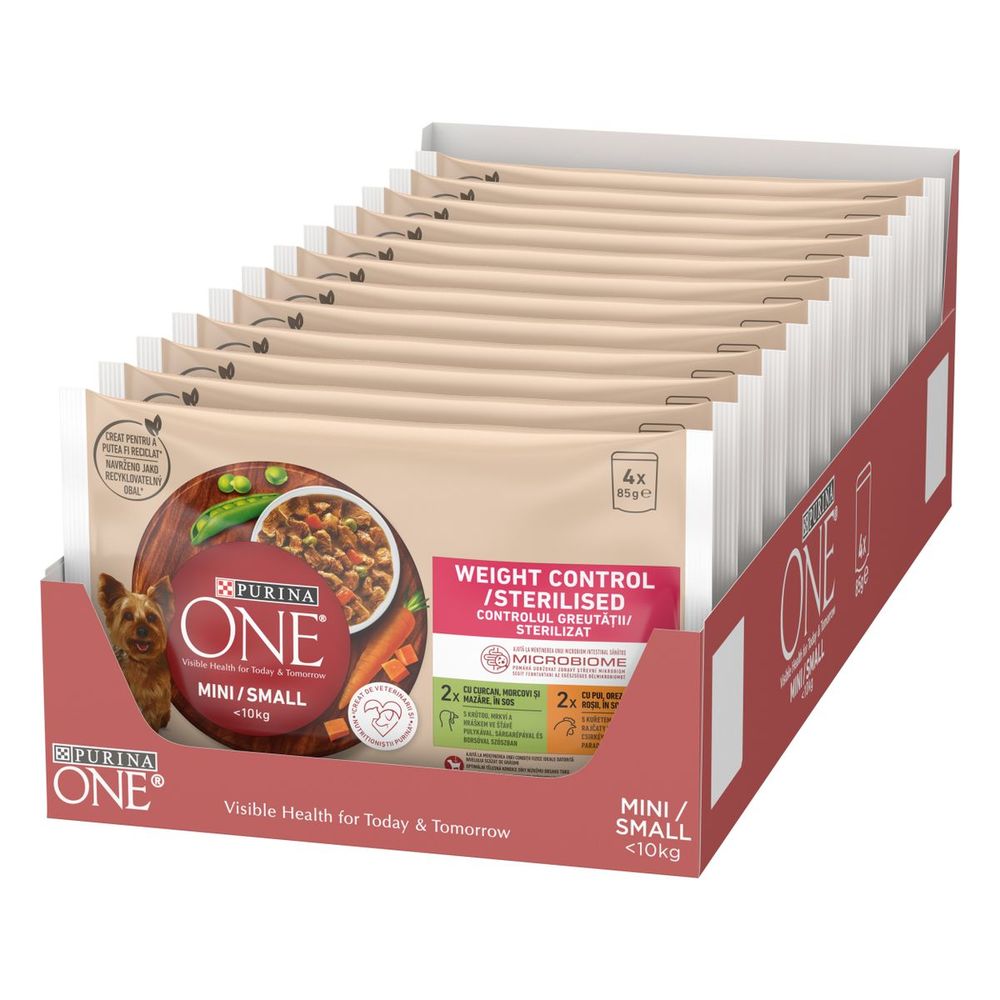 Purina ONE® Weight Control (4x85g) s ćuretinom, mrkvom i graškom u umaku sa svinjetinom, smeđom rižom i paradajzom u umaku slika 2