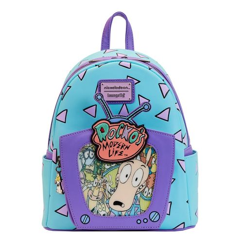 Loungefly Rocko’s Modern Life Mini Backpack – Lenticular TV Design, Officially Licensed Nickelodeon Bag, Blue With Purple Triangles