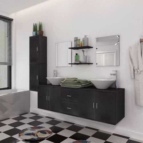 11-dijelni set kupaonskog namještaja s umivaonikom i slavinom crni slika 1