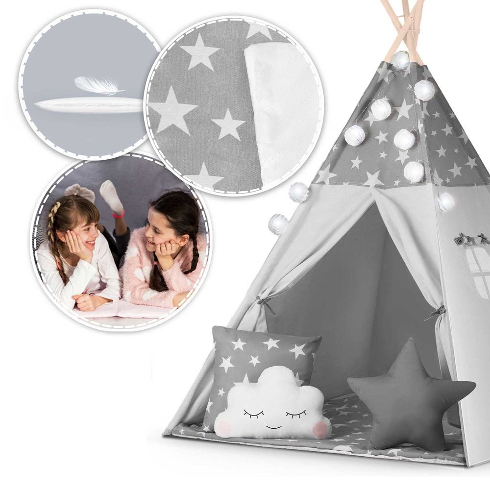 Teepee šator za djecu s girlandom i nukido svjetlima - sivi sa zvjezdicama slika 9