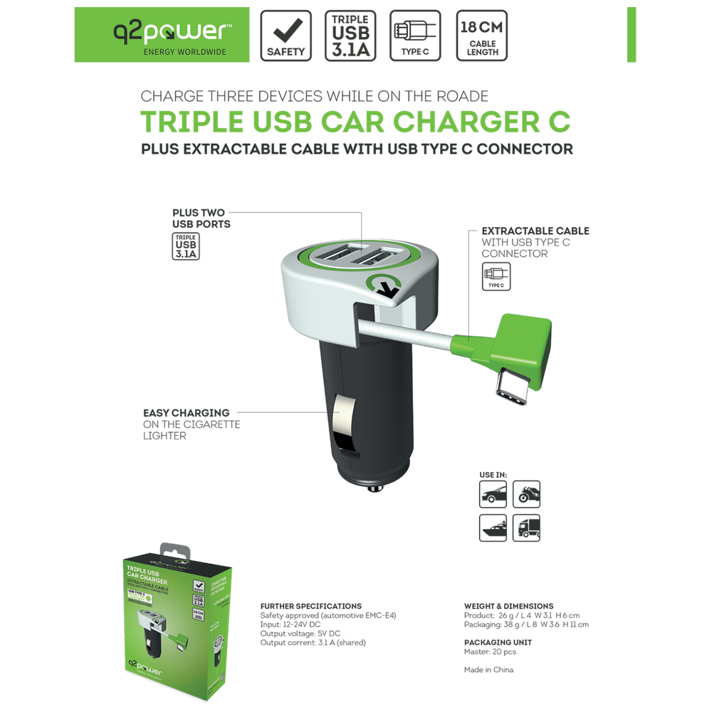 q2power Auto punjač, Dual USB, 3.1A, type C konektor - TRIPLE USB CAR CHARGER C slika 3