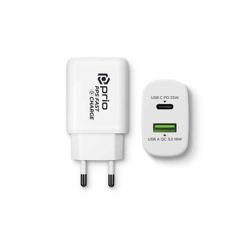 Prio Fast Charge zidni punjač 25W PD PPS (USB C)+QC 3.0 (USB A) bijeli slika 1