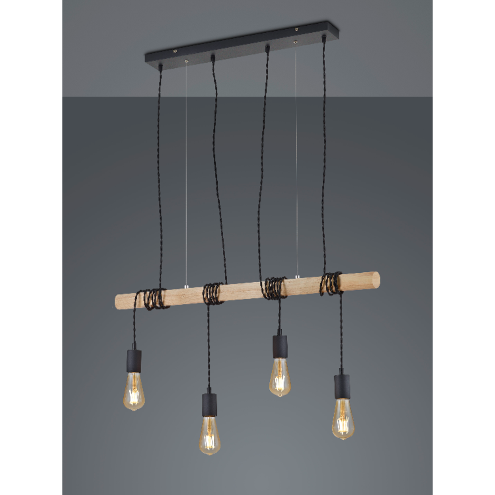 Trio Lighting luster Brody 4×E27 – drvo i crno-mat, podesiva visina, 85 cm slika 1