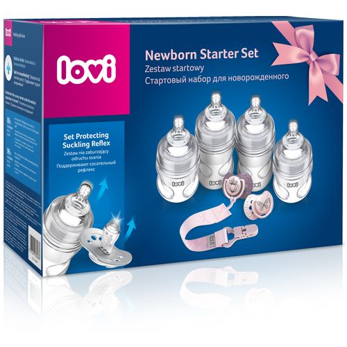 LOVI Set za novorođenče, roza - bočica 2x150 ml, bočica 2x 250 ml, duda 2 kom, 4xsisač za bočicu S, 1x vezica za dudu slika 2