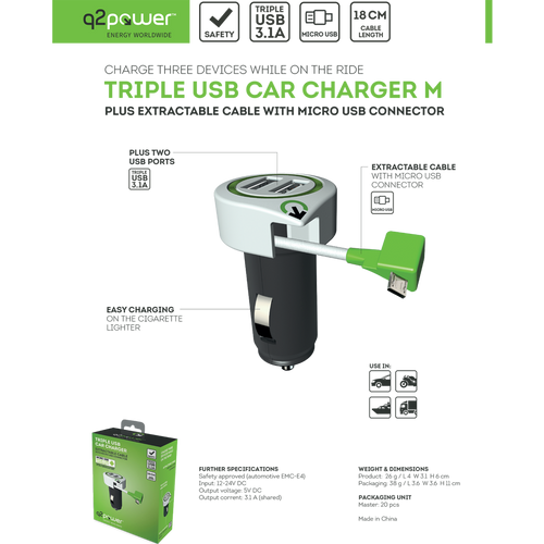 q2power Auto punjač, Dual USB, 3.1A, microUSB - TRIPLE USB CAR CHARGER M slika 3