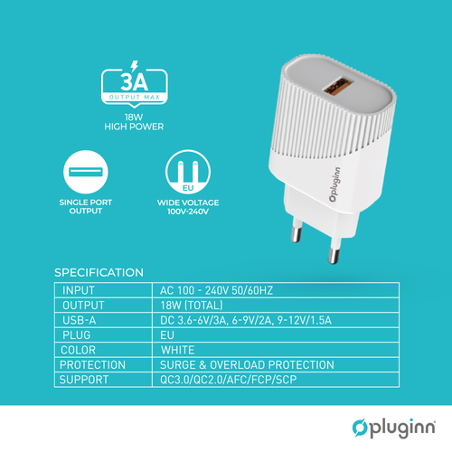 Kućni punjač Pluginn PI-D52S, QC3.0 18W sa lightning kablom beli slika 2