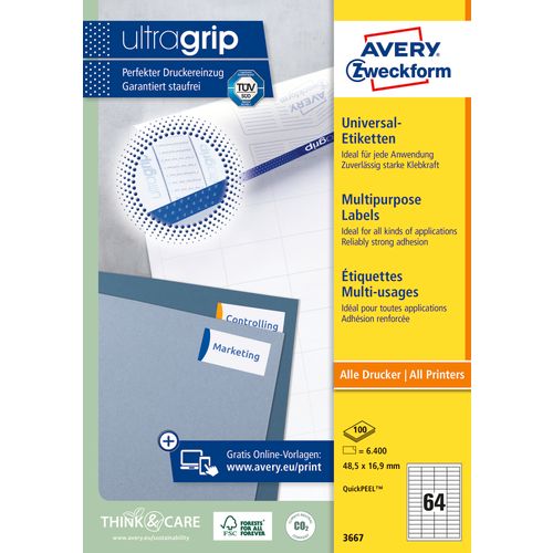 Avery Zweckform 3667 višenamjenske naljepnice A4 ultragrip 48,5x16,9mm 100 listova 6.400 naljepnica bijele slika 1