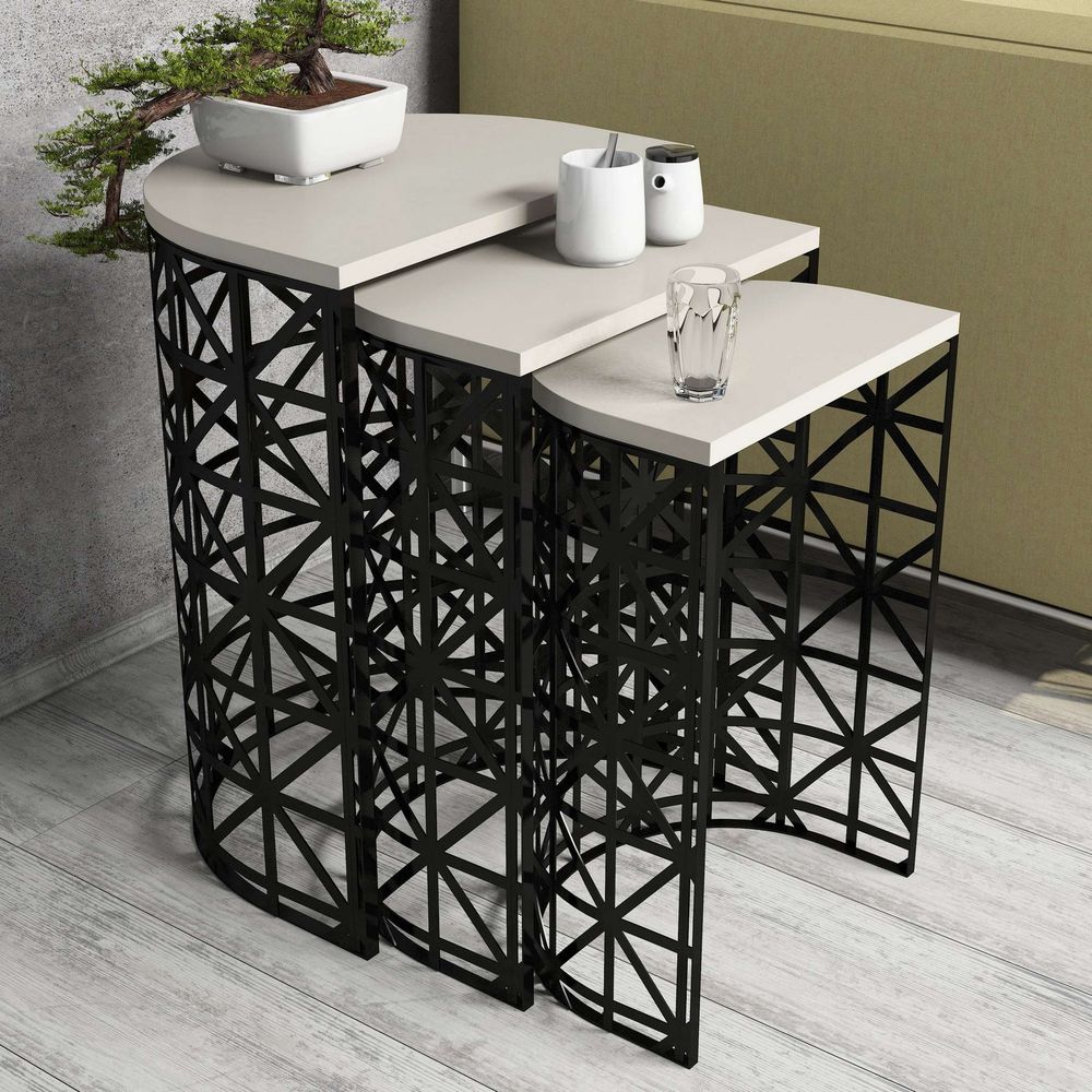 Nesting Table Stil Metal Ferforje - 3 Komada u Boji Krem i Crnoj slika 1