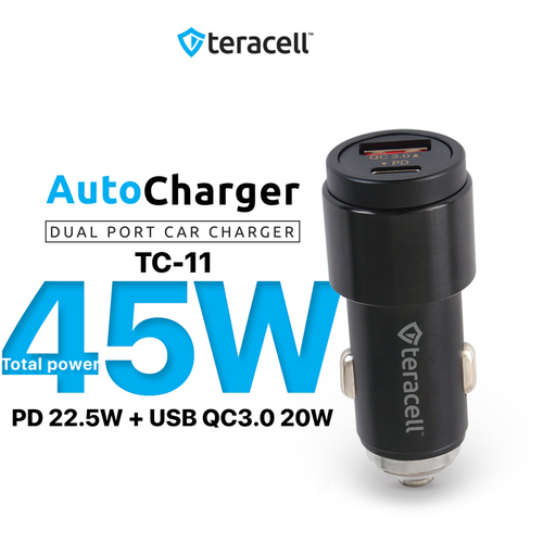 Auto punjac Teracell Evolution TC-11 PD 22.5W + USB QC3.0 20W, 45W (total) sa PD Lightning kablom crni slika 1