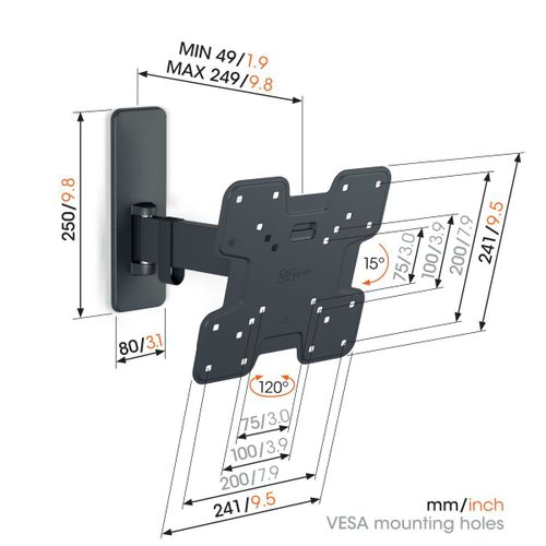 Vogels TVM1223, zidni nosač za ekrane od 19"-43", nagib 15° pomak 120°, do 15kg slika 2