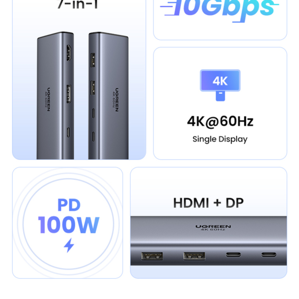 Ugreen 7-u-1 USB-C hub HDMI + DP + USB + PD 100W slika 4
