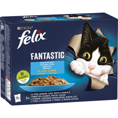 FELIX Fantastic Riblji izbor u želeu, potpuna hrana za kućne ljubimce, za odrasle mačke, mokra hrana s  tunom, lososom, bakalarom i listom u želeu, 12x85g slika 1