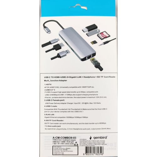 A-CM-COMBO9-03 ** Gembird USB Type-C 9in1 multi-port adapter USB-C+HUB+HDMI+PD+card+RJ45 Gbit (2159) slika 3