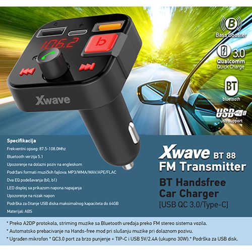 Xwave BT 88 FM transmiter za kola,Bluetooth,A2DP,LCD,2xUSB,TipC-USB QC3.0 brzo punjenje slika 3