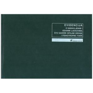 III-3-10 EVIDENCIJA O NABAVLJENIM I IZDANIM LIJEKOVIMA ŠTO SADRŽE OPOJNE DROGE I PSIHOTROPNE TVARI; Knjiga 100 stranica, 29,7 x 21 cm