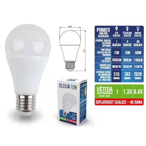 XLED E27 12W LED sijalica 3000K/Toplo Bela/220V/1055Lm slika 2