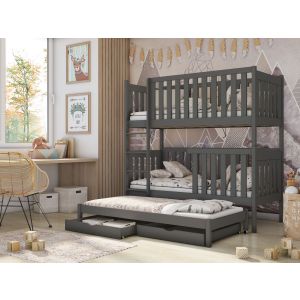 Drveni dječji krevet na sprat Emilka sa tri kreveta i ladicom - 190/200x90cm - Grafit siva
