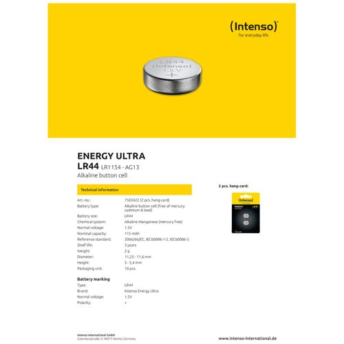 (Intenso) Baterija alkalna LR44/2, 1,5 V dugmasta, blister 2 kom - LR44/2 slika 3