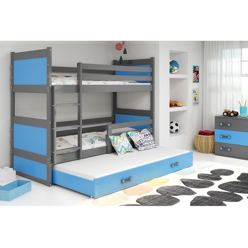 Drveni dečiji krevet na sprat Rico sa tri kreveta - sivi - plavi - 200x90cm slika 1