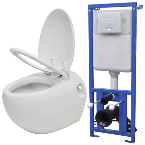 Zidna jajolika toaletna školjka s ugradbenim vodokotlićem bijela slika 36