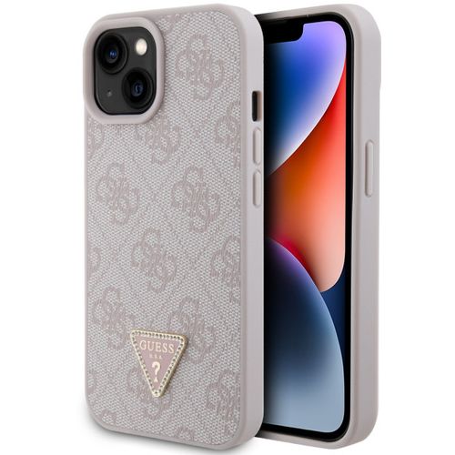 GUESS maska za iPhone 15 LEATHER 4G TRIANGLE STRASS PINK slika 1