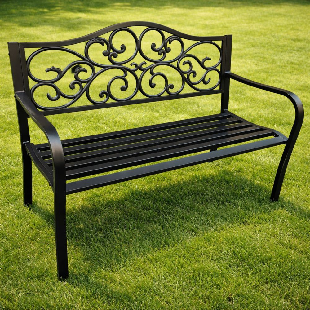 Vrtna klupa za terasu, metalna, s 3 sjedala, ukrašena, crna, 127x60x89 cm slika 6
