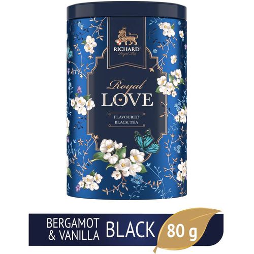 RICHARD TEA ROYAL LOVE - Crni cejlonski čaj sa korom citrusa, laticama cveća i bergamot vanilom u metalnoj kutiji, rinfuz 80g BLUE slika 1