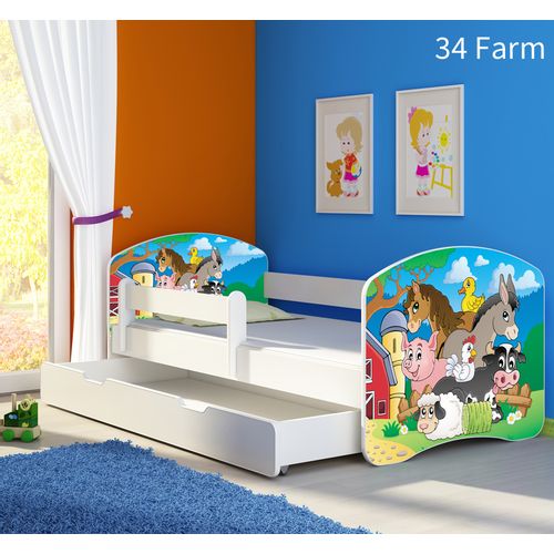 Dječji krevet ACMA s motivom, bočna bijela + ladica 140x70 cm - 34 Farm slika 1