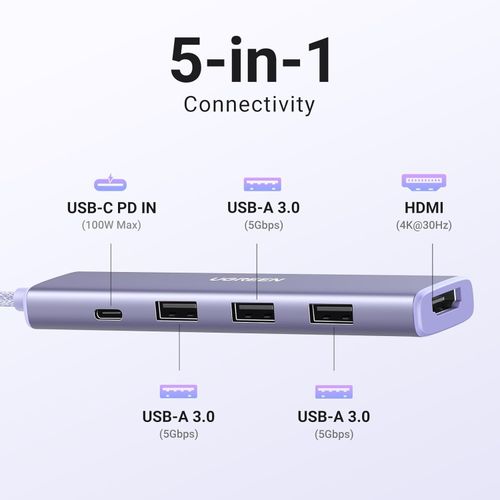 Ugreen Revodok USB-C Hub 5-u-1, 100W PD, ljubičasti slika 5